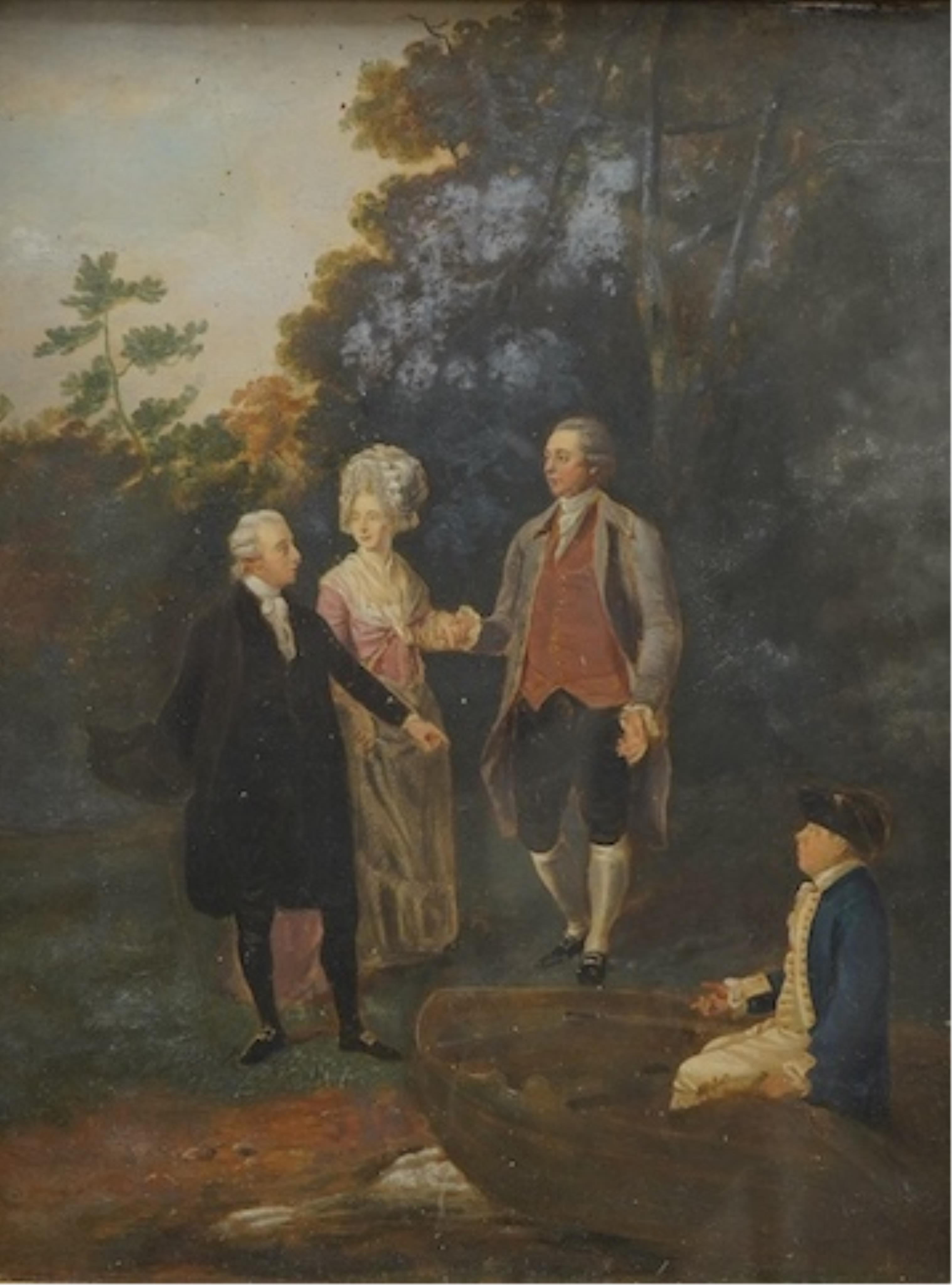 After Francis Wheatley RA (1747-1801), oil on board, ‘The Garden Party’, 22 x 17cm, housed in a giltwood Florentine frame. Condition - fair to good, some damage to the frame